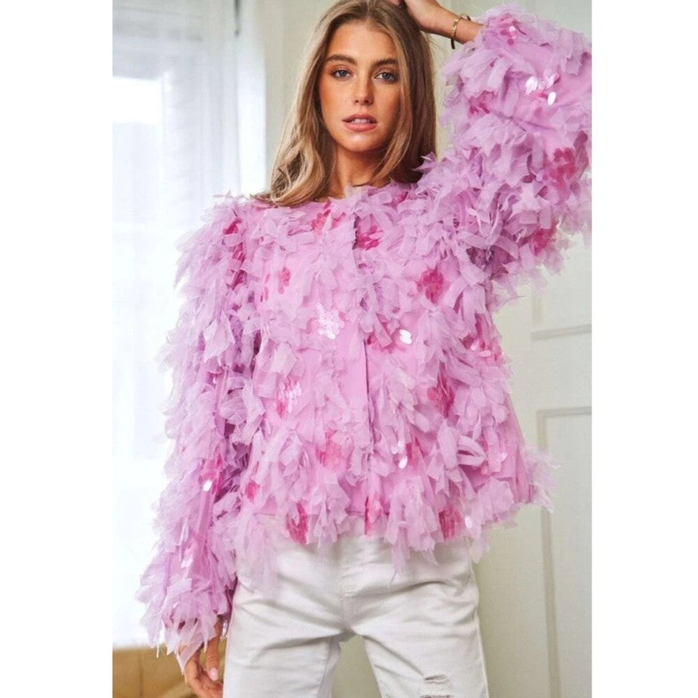 💥SHOWSTOPPER💥Jazzy 20's Flapper Style Fluffy Tiered Sequined Jacket in Pink - Picture 11 of 16